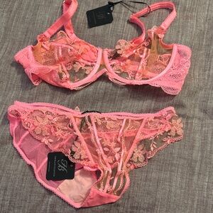 Honey Birdette Pink Floral Lace Bra Set